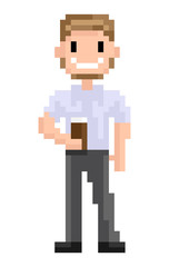 Bearded man standing with cup of hot coffee or tea vector, isolated pixel character hipster style of person pixelated male smiling personage of game. 8bit superhero for business app or video game