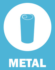 Metal waste tin vector, isolated can in circle. Banner with inscription, blue background. Saving planet and ecology, ecological cafe flat style recycling