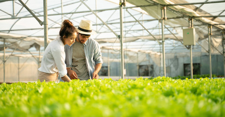 Smart farm,sensor technology,smart agriculture concept.Farmer and partner with tablet for working organic hydroponic vegetable garden at greenhouse in morning.copy space.