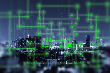Network and Connection technology concept with city background