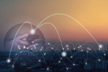 Network and Connection technology concept with city background