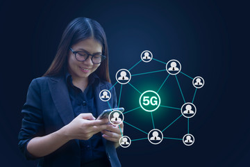Business woman with using 5G speed internet wireless connection to call with smartphone technology and telecommunication concept