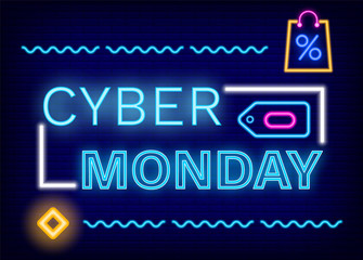 Cyber monday discounts vector. Neon sign with frame and icons. Bag with percent symbolizing reduction of price. Pricetag and font with glowing effect. Promotional poster with sales and deals