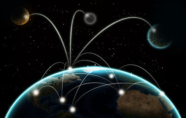 Global world telecommunication network with nodes connected around earth, concept about internet and worldwide communication technology, image from space furnished by NASA
