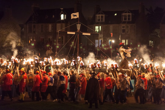 Traditional burning of viking ship, Up Helly Aa festival, Lerwick, Shetland Islands, Scotland