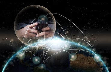 Global world telecommunication network with nodes connected around earth, concept about internet and worldwide communication technology, image from space furnished by NASA