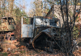 old abandoned wrecked vehicle in Chernobyl