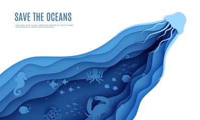 Paper cut butterflyfish, jellyfish, moonfish, turtle, hippocampus, crab, octopus. Paper craft background under ocean cave with fishes coral reef seabed in algae waves. Vector sea marine life concept