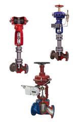 three modern shut-off valves with automatic control for gas pipeline isolated on a white background. Transverse section