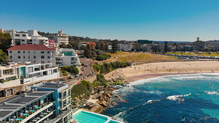 Amazing aerial view of Bondi Beach landscape in Sydney, Australia. Drone viewpoint on a sunny...
