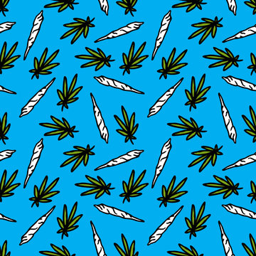 marijuana leaf and spliff seamless doodle pattern, vector illustration