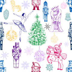 Seamless pattern of hand drawn sketch style colored characters and different objects related to The Nutcracker fairy tale isolated on white background. Vector illustration.