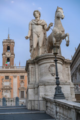 Fototapeta na wymiar marble sculpture of Dioscorus, patron saint of republican Rome against a blue sky