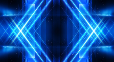 Abstract light tunnel, stage, portal with rays, neon lights and spotlights. Dark empty scene with neon. Abstract blue background, light, smoke. Symmetric reflection, perspective.