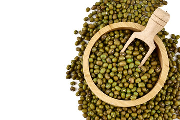 raw mung bean or green bean in the wooden bowl, isolated on white background