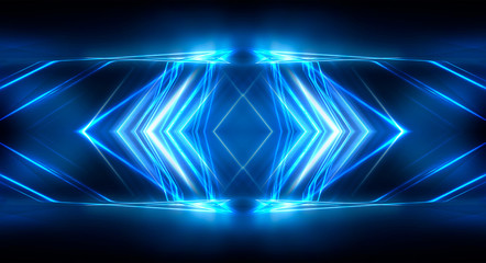 Abstract light tunnel, stage, portal with rays, neon lights and spotlights. Dark empty scene with neon. Abstract blue background, light, smoke. Symmetric reflection, perspective.