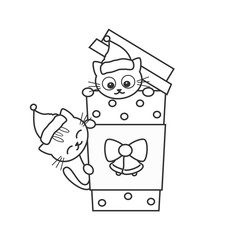 cute cartoon black and white christmas coffee cup with funny cats with santa hat vector illustrationfor coloring art