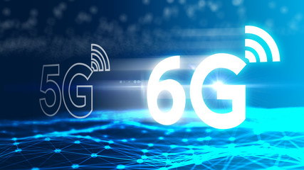 From 5G to 6G technology concept on blue background. 3D illustration