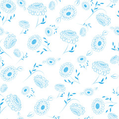 Seamless delicate floral pattern of blue small and more contour flowers, randomly scattered over a white field