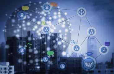 Obraz premium Network and Connection technology concept with city background