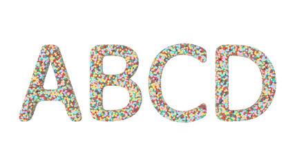 letters of the alphabet from small colorful balls on white background 3D-Rendering