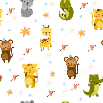 Cute vector seamless pattern with exotic animals. koala, iguana, monkey, giraffe, tiger. background for children, packaging, design, cute, cozy kindergartenCute vector seamless pattern with exatic ani