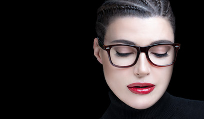 Fototapeta na wymiar Stylish woman in trendy glasses and perfect makeup