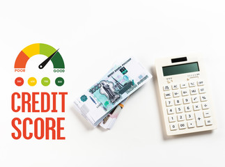 top view of calculator near russian rubles on white background with credit score illustration