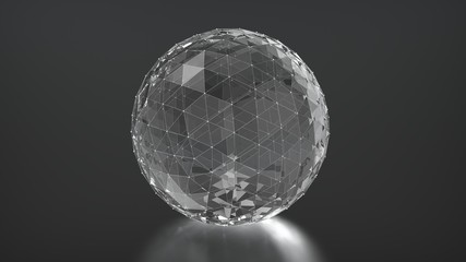 Polygonal transparent glass sphere with metal wireframe on black metal rough ground surface. 3D render