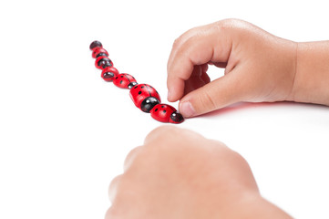 Red ladybug and children's hand isolated on white background