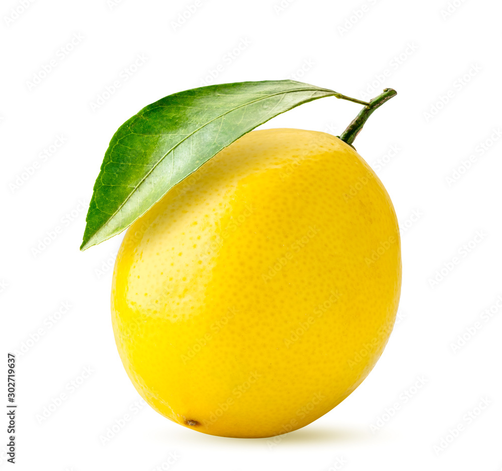 Wall mural Ripe lemon with a leaf on a white background. Isolated.