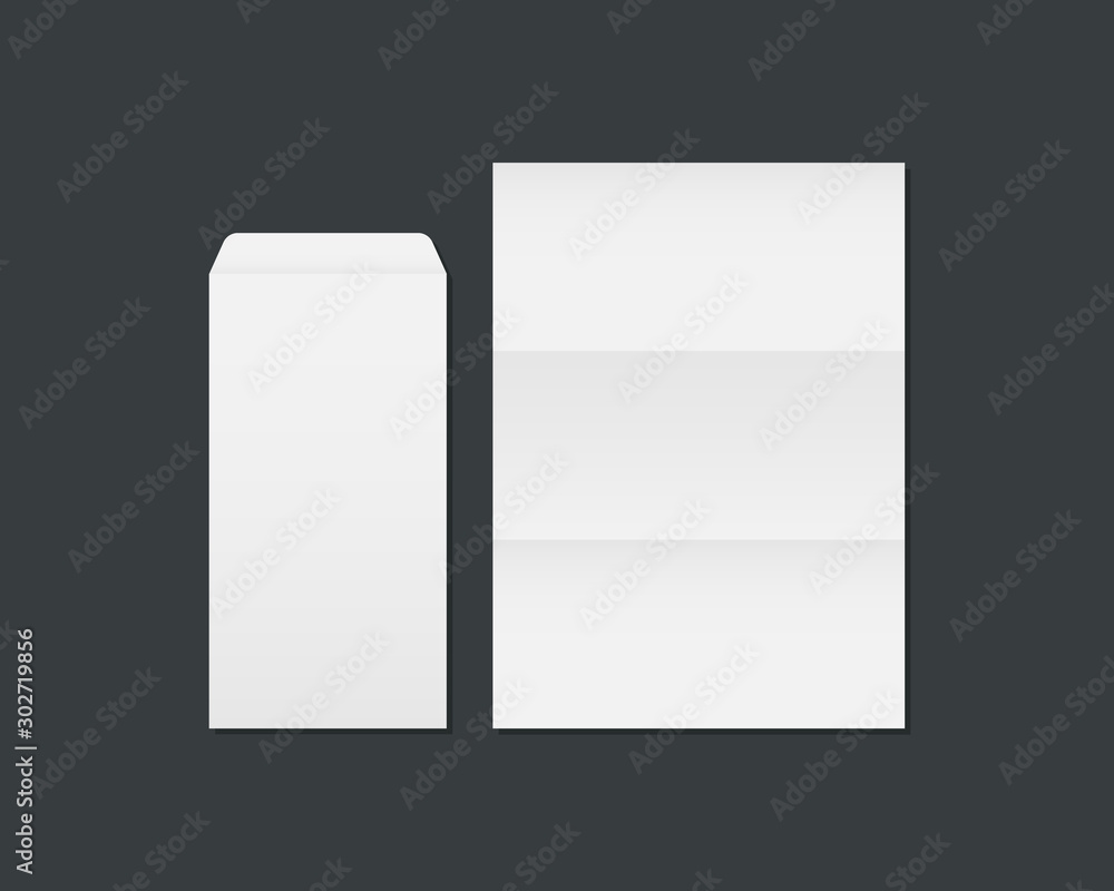 Poster blank white envelope and paper. open envelope and paper mockup isolate on black background. vector t