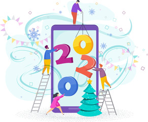 Tiny people set numbers 2020 on the screen of a mobile phone.