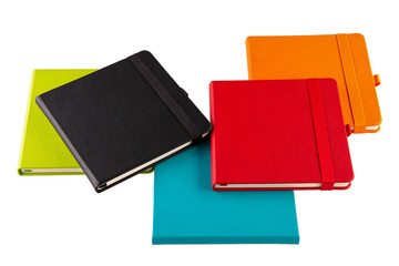 Five multicolored notebooks with wide rubber-bookmarks