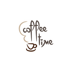 Coffee time - hand drawn vector illustration with words, cup and steam. Element for cafe, menu