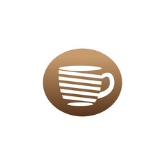White coffee or tea cup silhouette on brown ellipse. Mug emblem for cafe, menu. Vector element for your design