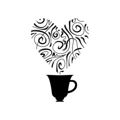 Vector isolated silhouette of coffee or tea cup with steam in shape of heart. Hot mug illustration