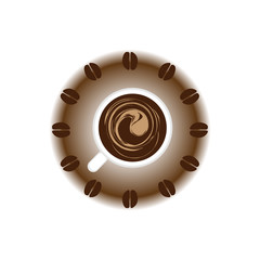 Coffee time vector illustration. Abstract clock face with beans in place of numbers and mug with coffee. Vector illustration for cafe, menu, shop