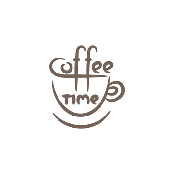 Coffee cup - hand drawn isolated vector illustration with twxt "coffee time". Simple design for cafe, menu, stamp, print