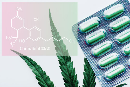 top view of green pills in blister and marijuana leaf on white background with cbd molecule illustration
