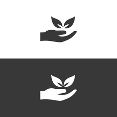 Fototapeta na wymiar Hand and leaves. Flat icon. Ecology, pharmacy and nature vector illustration