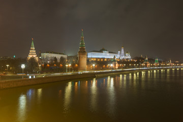 Photography of Moscow Kremlin at the autumn night. Long exposure image. Kremlin Towers, Residence of the President of the Russian Federation,  Ivan the Great Belltower