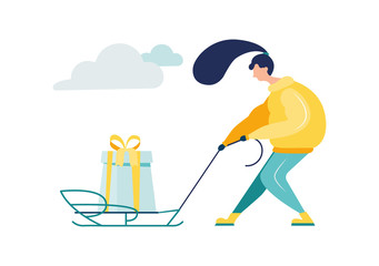 Flat illustration. Girl with long hair buy gift for relatives and lug on sled to home isolated character on white background. Walking Outdoors