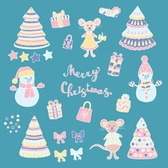 Festive set with Christmas trees, snowmen, mice, gifts, stars, confetti, bows