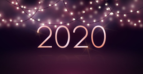 New Year design with glowing light bulb garlands and gold 2020 typography. Vector flyer or banner template.