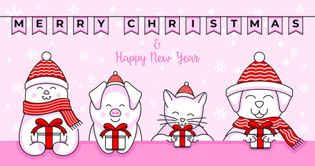 Illustration of bear, pig, cat and dog on a Merry Christmas and Happy New Year greeting with a cute and feminine feel