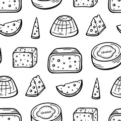 Various Types of Cheese Seamless pattern. Cheese Pieces and Slices Doodle Sketch Vector Background