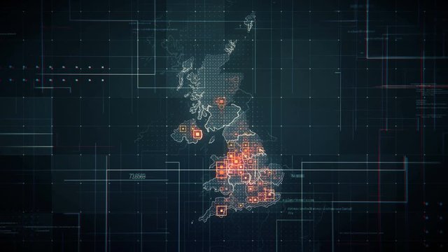 Black United Kingdom map with visual effects,square indicators and animated lines in different places. Perfect for slideshows, presentation, trailers, sci-fi openers and etc.