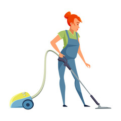 Housekeeper with hoover flat vector illustration. Smiling female cleaner in apron cartoon character. Young chambermaid, housekeeping staff. Housemaid occupation.
