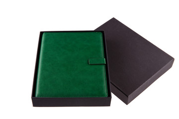 Green leather book with magnetic holder in black box